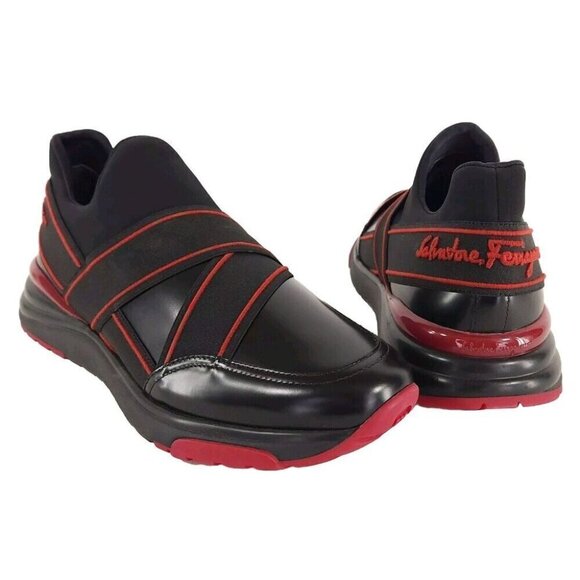 Salvatore Ferragamo Tylar Slip-On Low-Top Sneakers 42 9 M Mens Black Red New - Picture 1 of 14